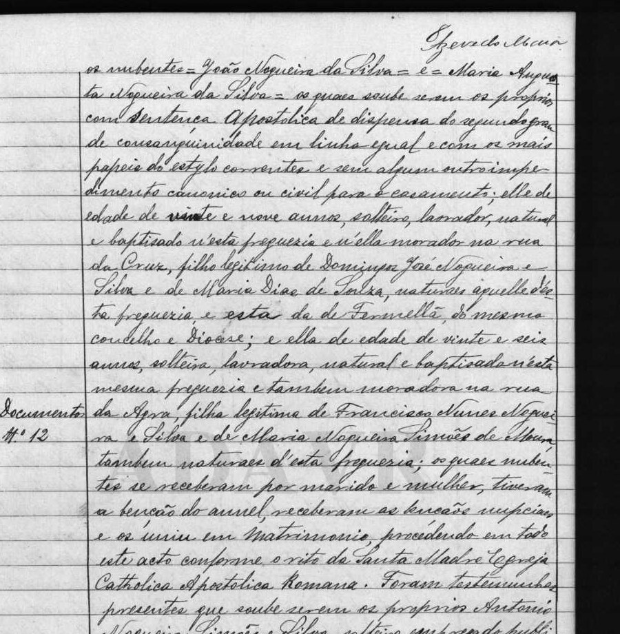 Detalhes do casamento com idades, profissões, moradas e nomes dos pais