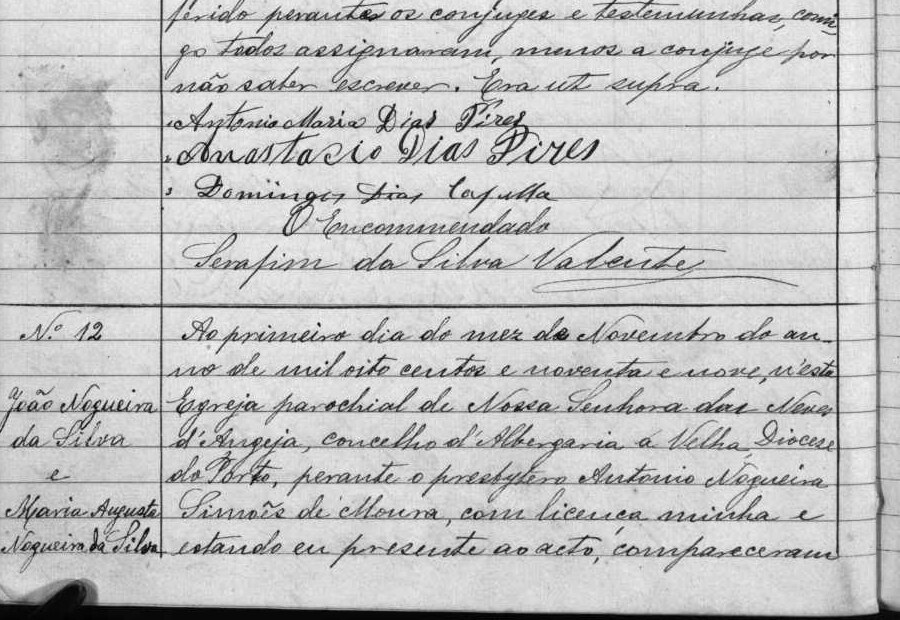 Início do registo de casamento de João e Maria Augusta
