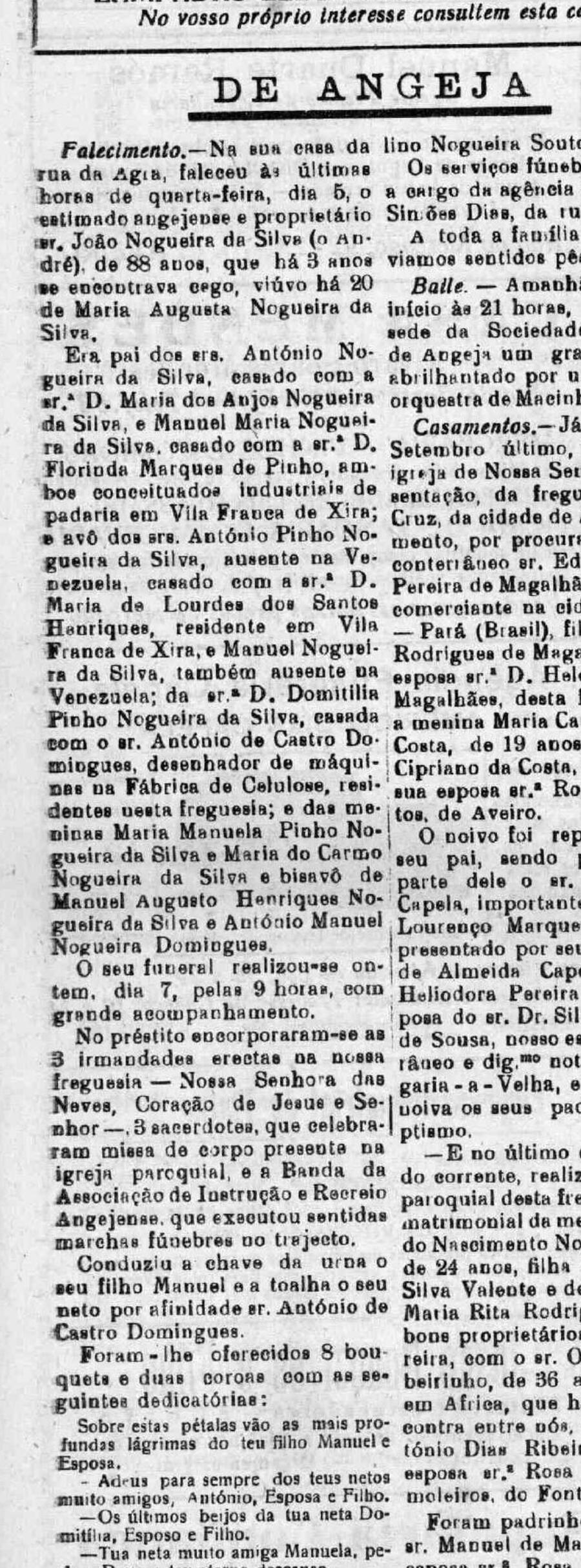 Anúncio de falecimento de João Nogueira da Silva no jornal Ecos de Cacia